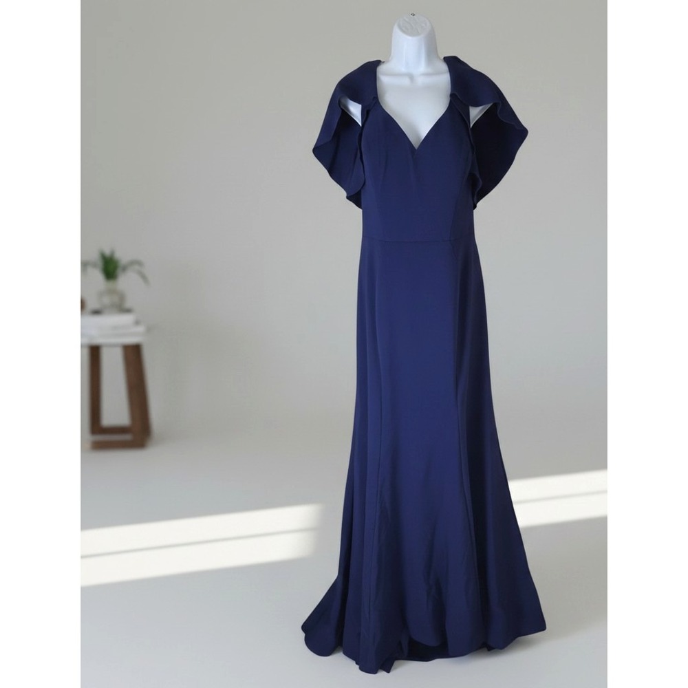 MGNY Sapphire Blue Evening Gown 14 Pads Boning Faux Capelet V-neck Sp Event NWT